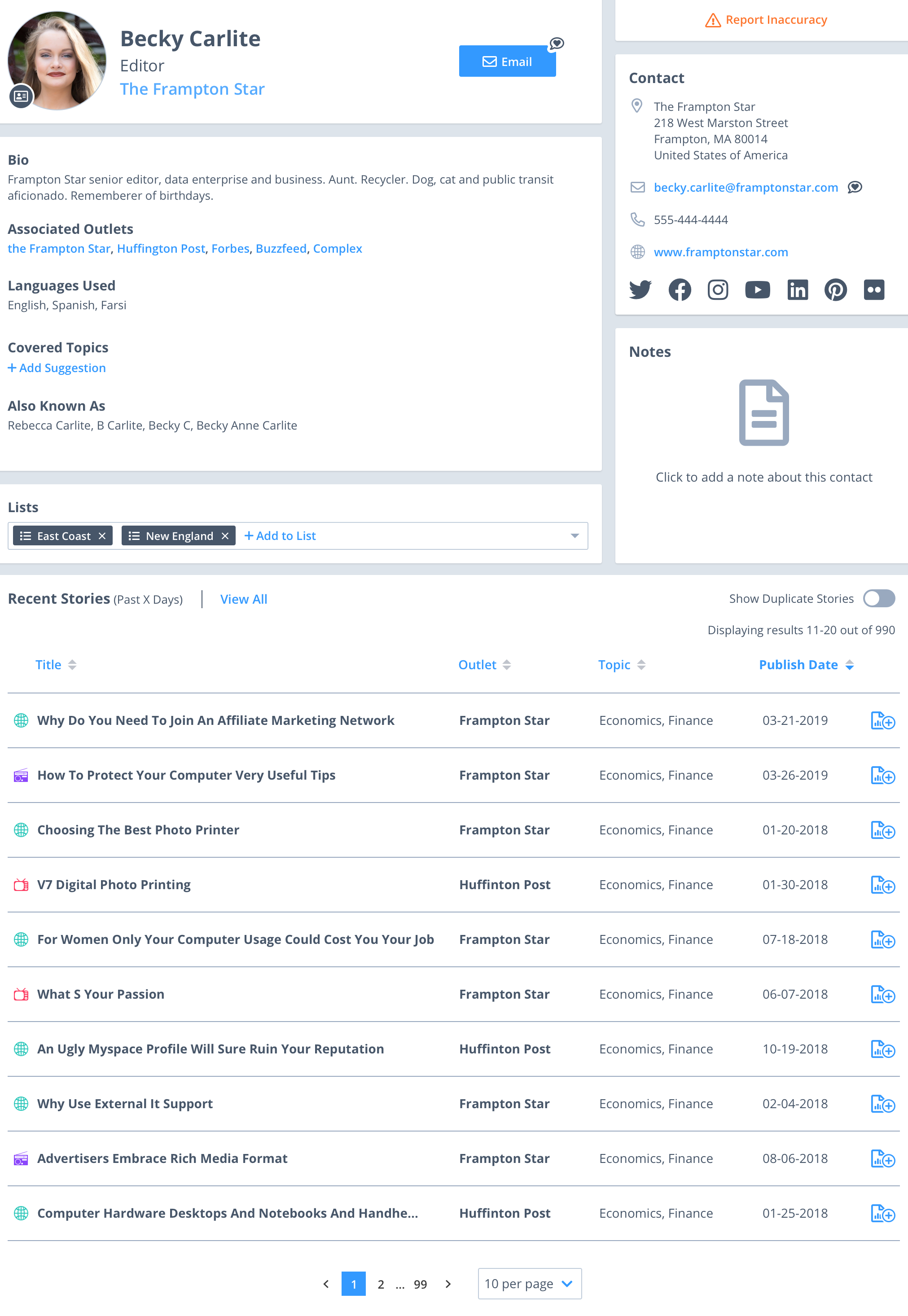 media database contact profile record critical mention